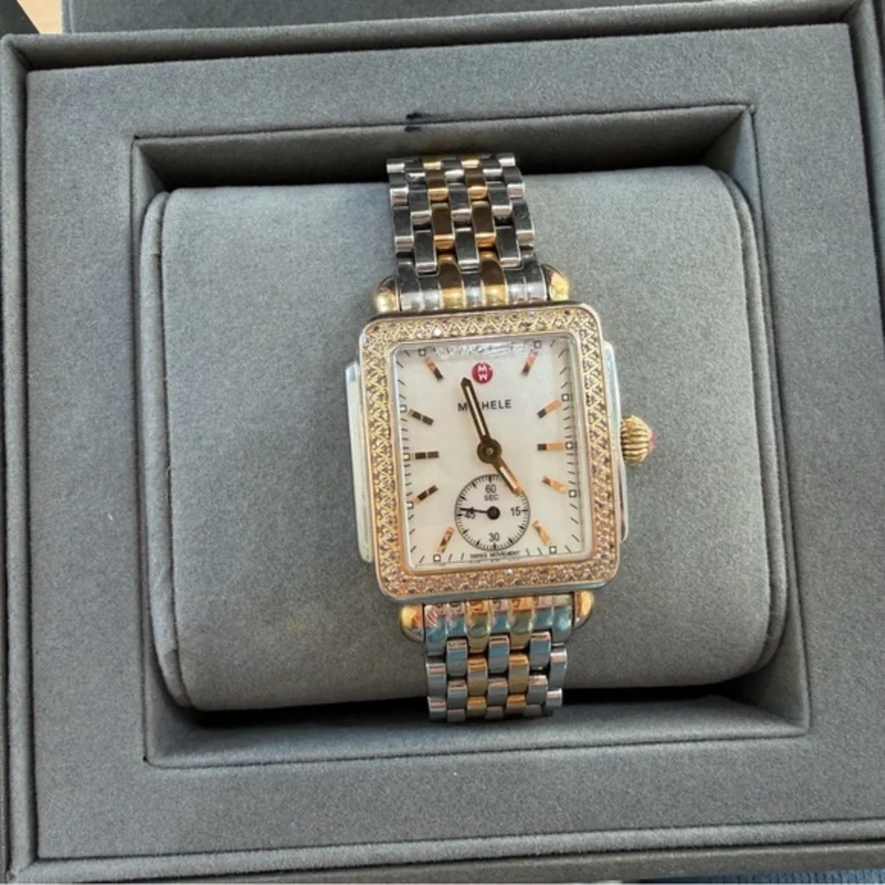 Michele Deco 16mm Two-Tone Gold and Silver Diamond Bezel Women’s Watch - Box set